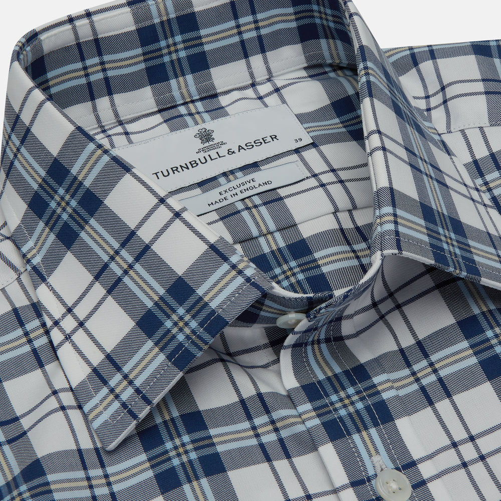 The Turnbull & Asser Blue Check Shirt features a T&A collar and 3-button cuffs, shown laid flat against a white background.