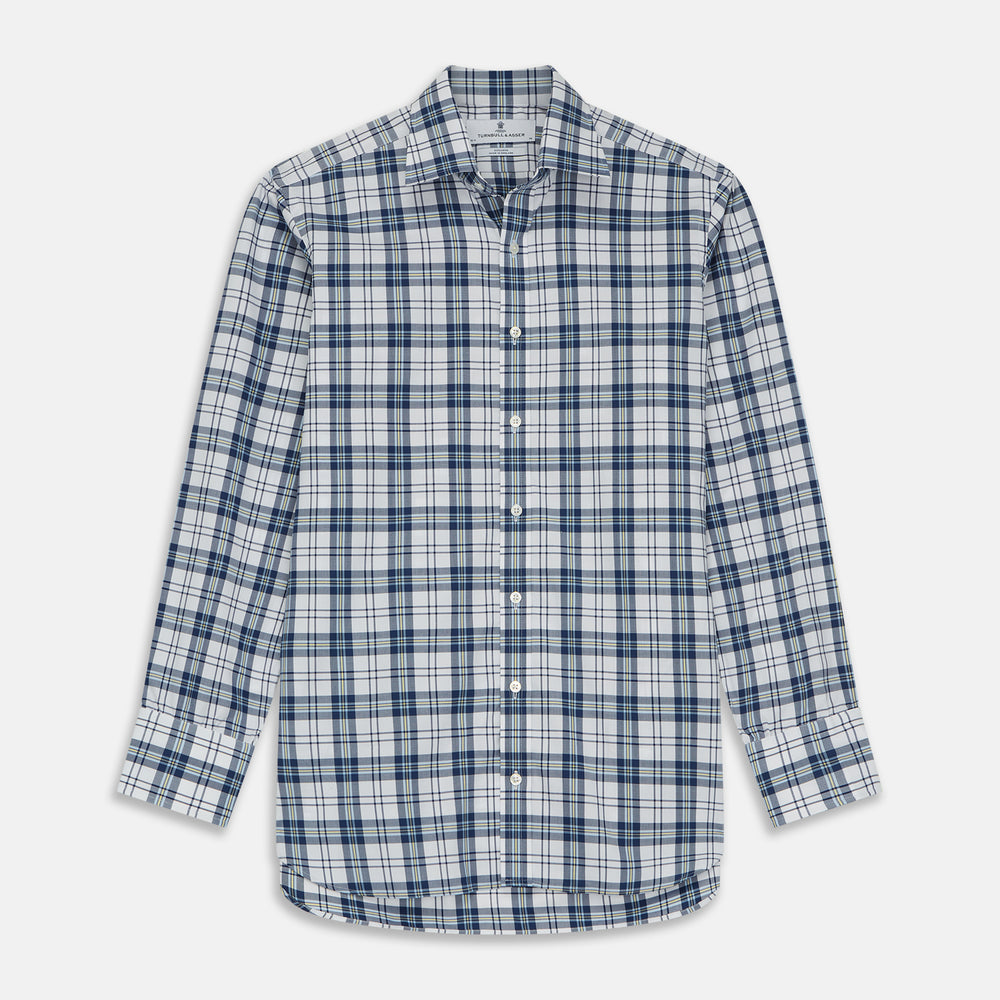 The Turnbull & Asser Blue Check Shirt features a T&A collar and 3-button cuffs, shown laid flat against a white background.