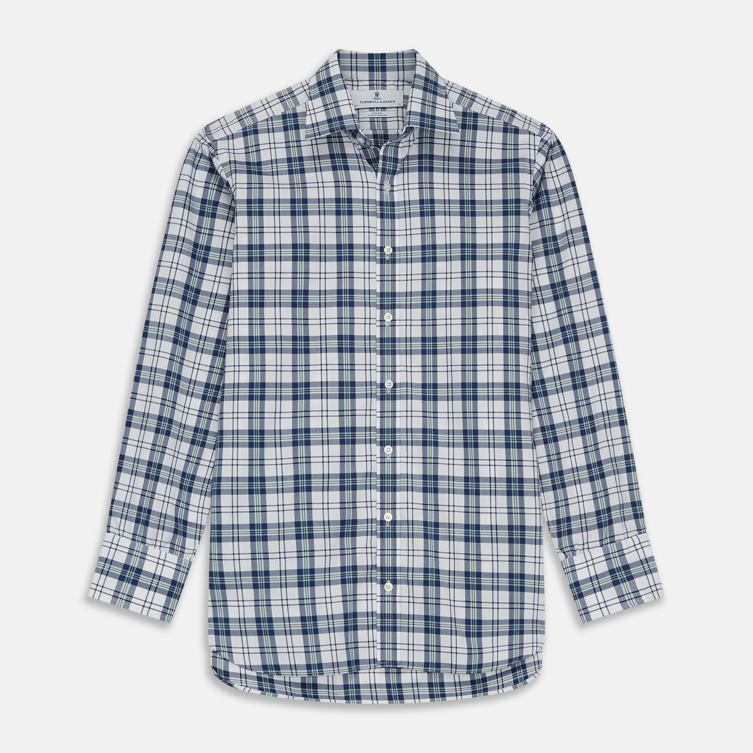 View 1 of product The Turnbull & Asser Blue Check Shirt features a T&A collar and 3-button cuffs, shown laid flat against a white background.