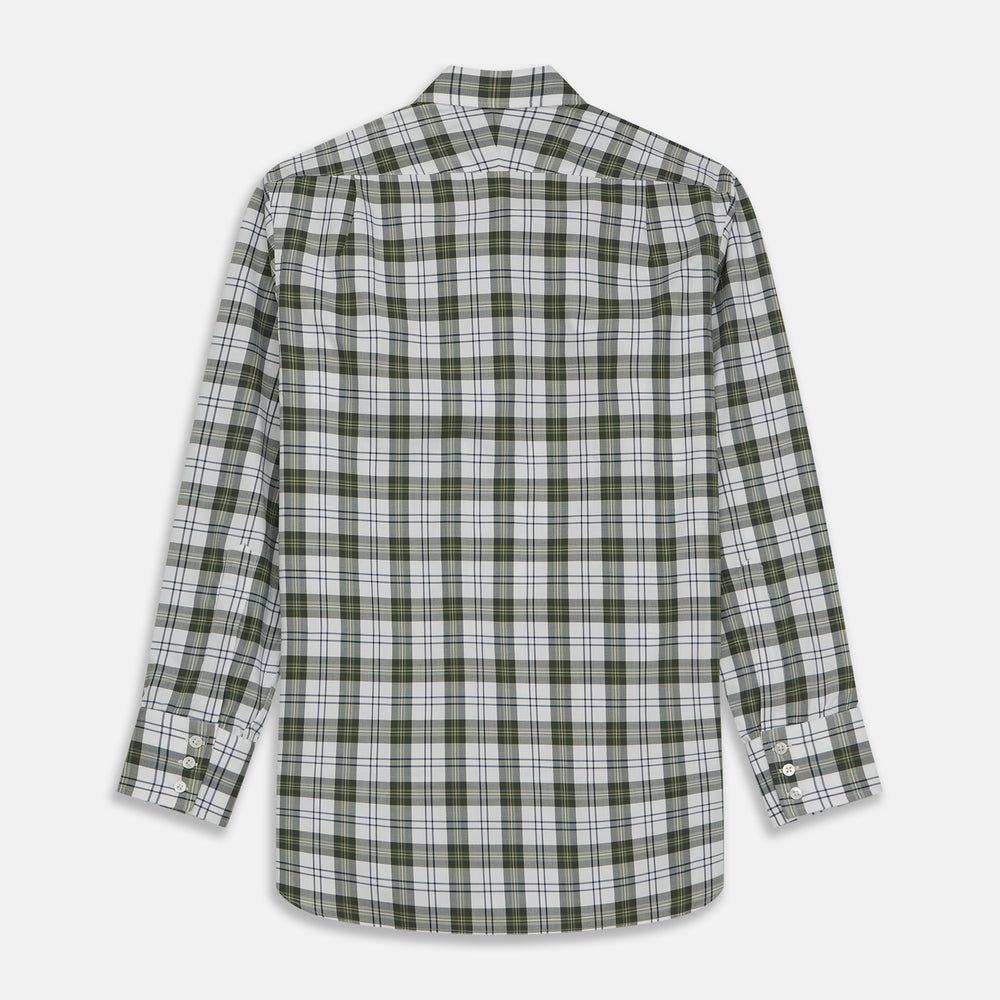 The Turnbull & Asser Green Check Shirt features a classic T&A collar, white buttons down the front and on 3-button cuffs, and a bold green, white, and black plaid pattern.