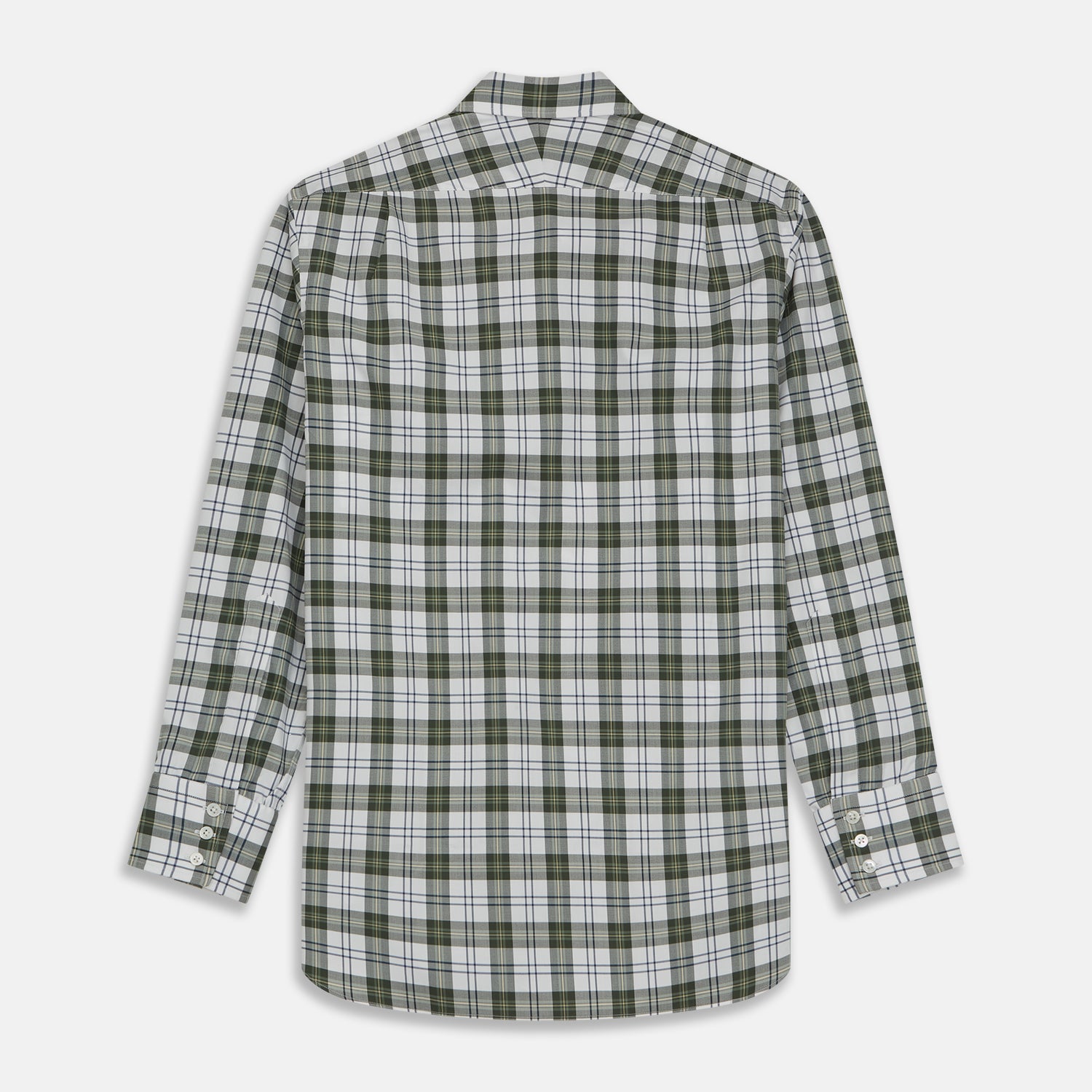 View 6 of product The Turnbull & Asser Green Check Shirt features a classic T&A collar, white buttons down the front and on 3-button cuffs, and a bold green, white, and black plaid pattern.