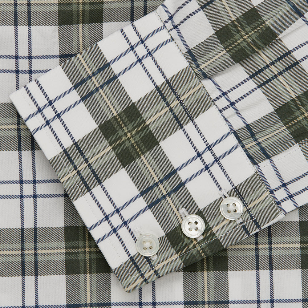 The Turnbull & Asser Green Check Shirt features a classic T&A collar, white buttons down the front and on 3-button cuffs, and a bold green, white, and black plaid pattern.