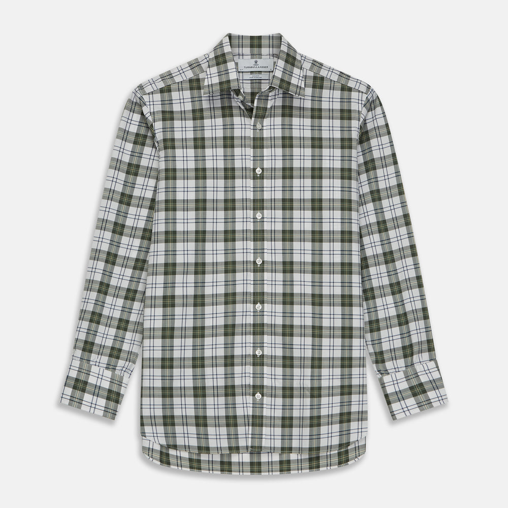 The Turnbull & Asser Green Check Shirt features a classic T&A collar, white buttons down the front and on 3-button cuffs, and a bold green, white, and black plaid pattern.
