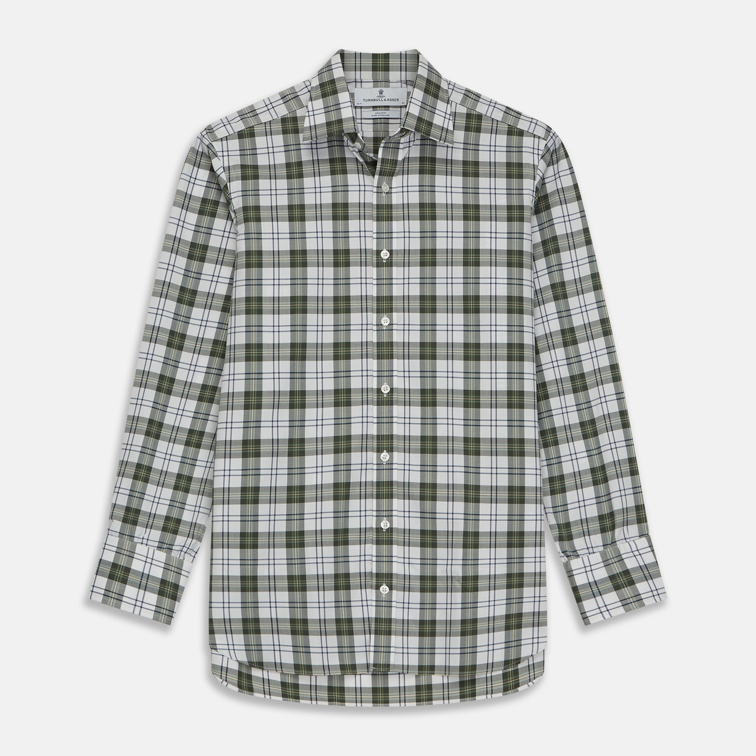 View 1 of product The Turnbull & Asser Green Check Shirt features a classic T&A collar, white buttons down the front and on 3-button cuffs, and a bold green, white, and black plaid pattern.