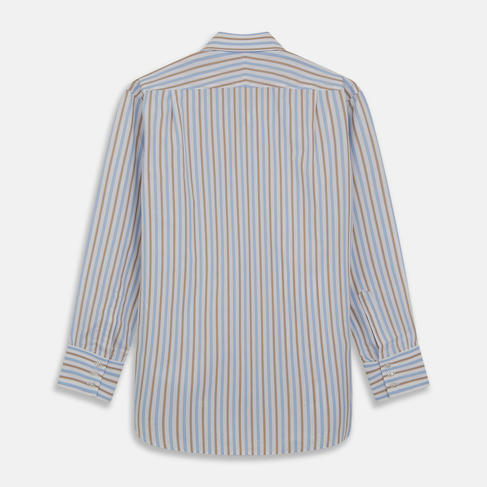 The Turnbull & Asser Blue and Brown Stripe Poplin Shirt features a T&A collar, three-button cuffs, and vertical blue, white, and tan stripes. This smart-casual shirt is displayed on a plain light background.