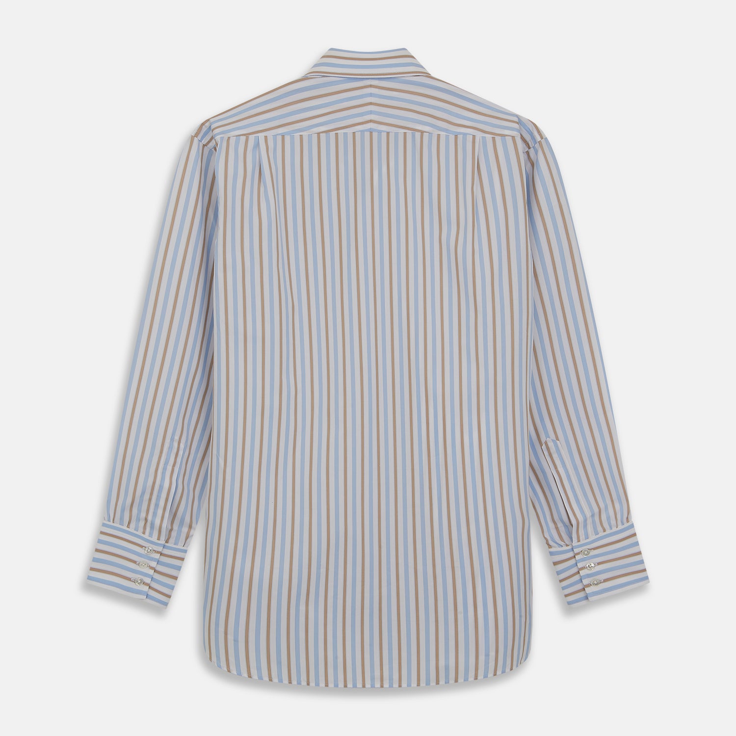 View 6 of product The Turnbull & Asser Blue and Brown Stripe Poplin Shirt features a T&A collar, three-button cuffs, and vertical blue, white, and tan stripes. This smart-casual shirt is displayed on a plain light background.
