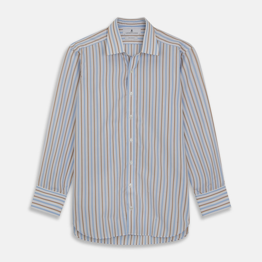 The Turnbull & Asser Blue and Brown Stripe Poplin Shirt features a T&A collar, three-button cuffs, and vertical blue, white, and tan stripes. This smart-casual shirt is displayed on a plain light background.
