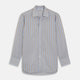 The Turnbull & Asser Blue and Brown Stripe Poplin Shirt features a T&A collar, three-button cuffs, and vertical blue, white, and tan stripes. This smart-casual shirt is displayed on a plain light background.