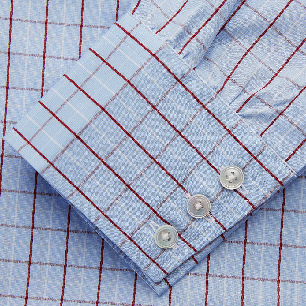 The Burgundy Graph Check Regular Fit Shirt by Turnbull & Asser features a T&A collar, 3-button cuffs, and a check pattern. Laid flat on a white background.
