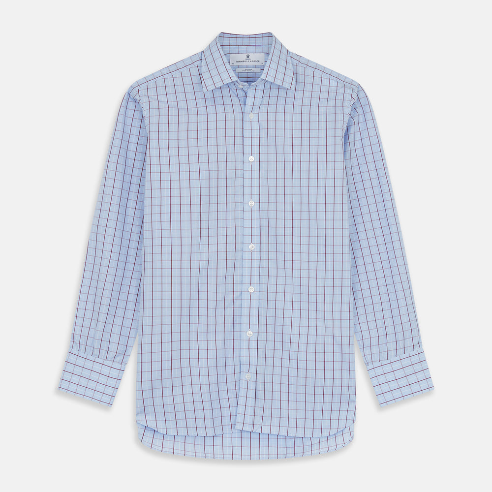 The Burgundy Graph Check Regular Fit Shirt by Turnbull & Asser features a T&A collar, 3-button cuffs, and a check pattern. Laid flat on a white background.