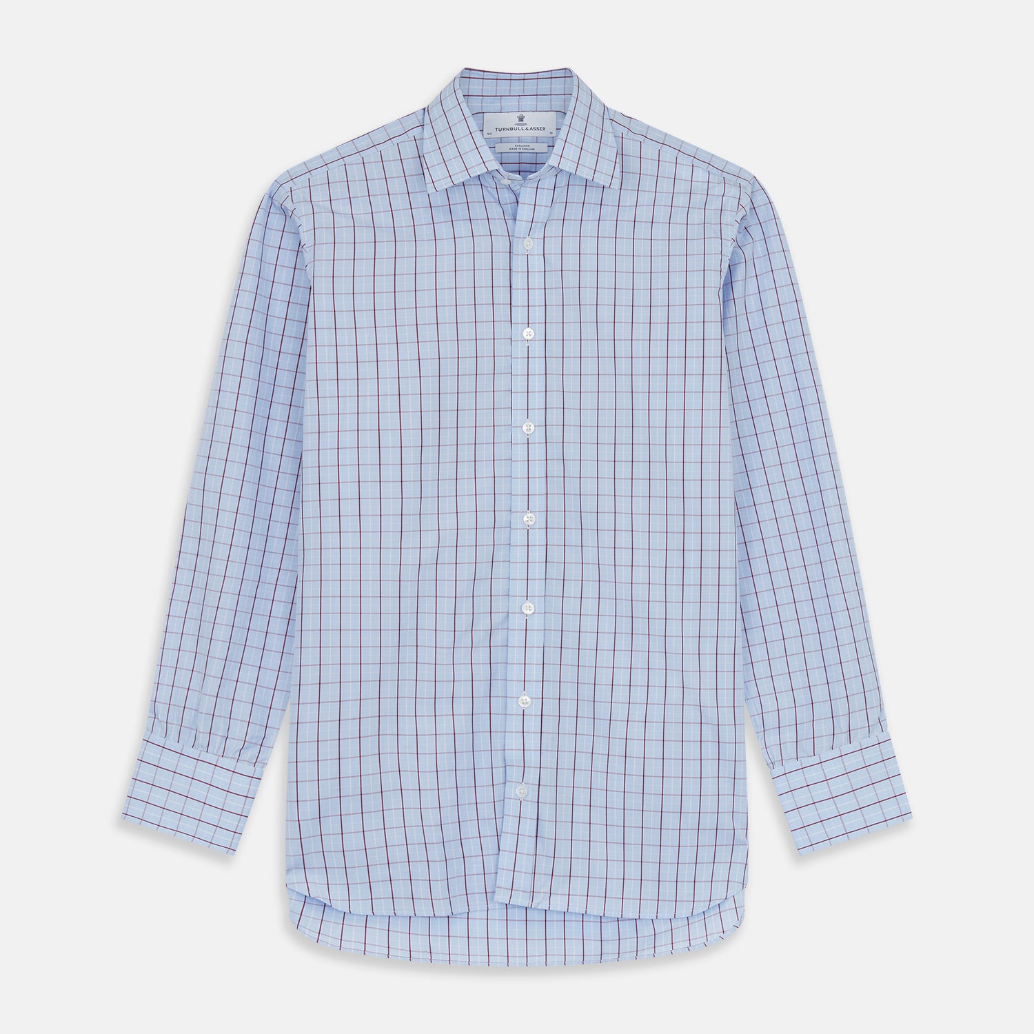View 1 of product The Burgundy Graph Check Regular Fit Shirt by Turnbull & Asser features a T&A collar, 3-button cuffs, and a check pattern. Laid flat on a white background.