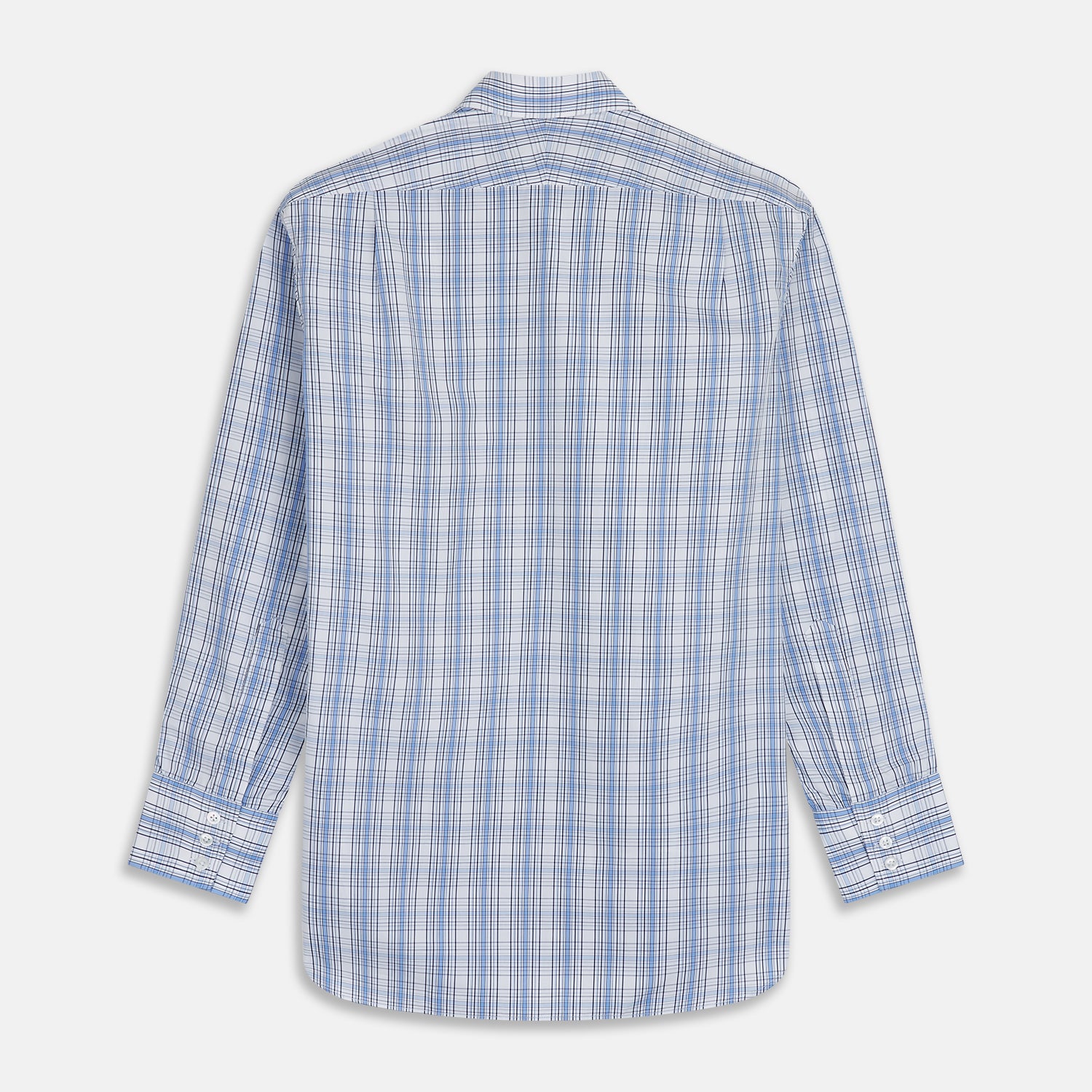 View 5 of product The Turnbull & Asser Tonal Blue Check Regular Fit Shirt with T&A collar and 3-button cuffs is displayed flat on a white background, highlighting its blue and white plaid pattern and long sleeves.