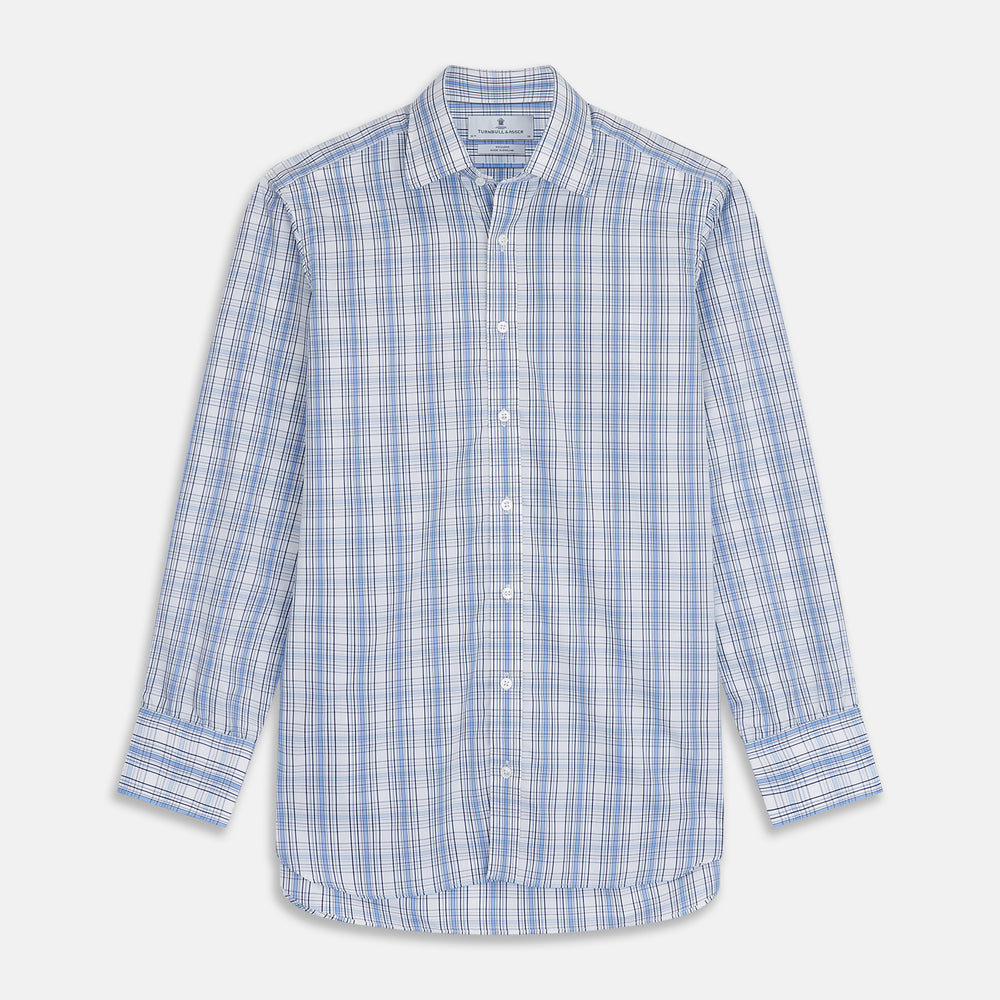 The Turnbull & Asser Tonal Blue Check Regular Fit Shirt with T&A collar and 3-button cuffs is displayed flat on a white background, highlighting its blue and white plaid pattern and long sleeves.