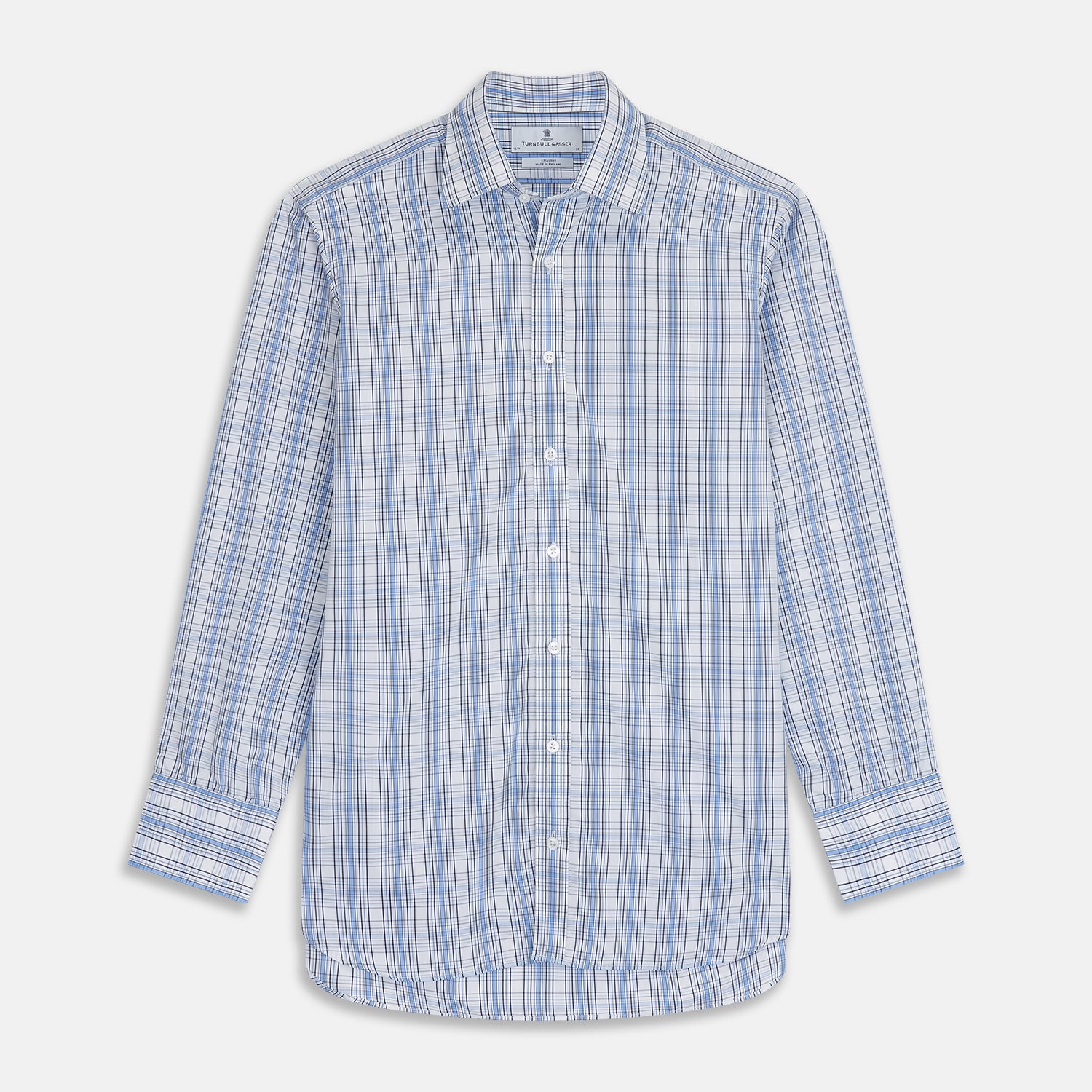 View 1 of product The Turnbull & Asser Tonal Blue Check Regular Fit Shirt with T&A collar and 3-button cuffs is displayed flat on a white background, highlighting its blue and white plaid pattern and long sleeves.