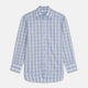 The Turnbull & Asser Tonal Blue Check Regular Fit Shirt with T&A collar and 3-button cuffs is displayed flat on a white background, highlighting its blue and white plaid pattern and long sleeves.