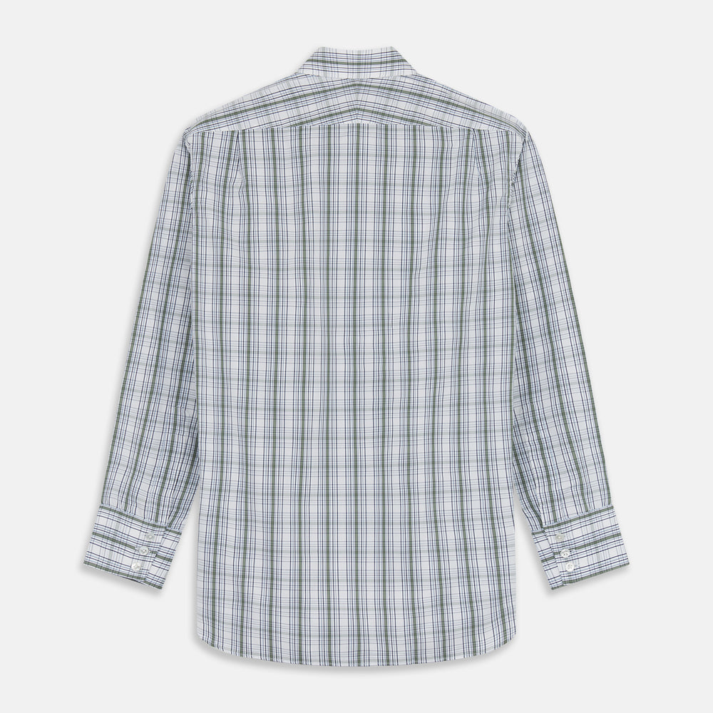 The Tonal Green Check Regular Fit Shirt by Turnbull & Asser features a T&A collar, 3-button cuffs, and a blue and white plaid pattern, crafted from Italian cotton poplin. Displayed on a white background.