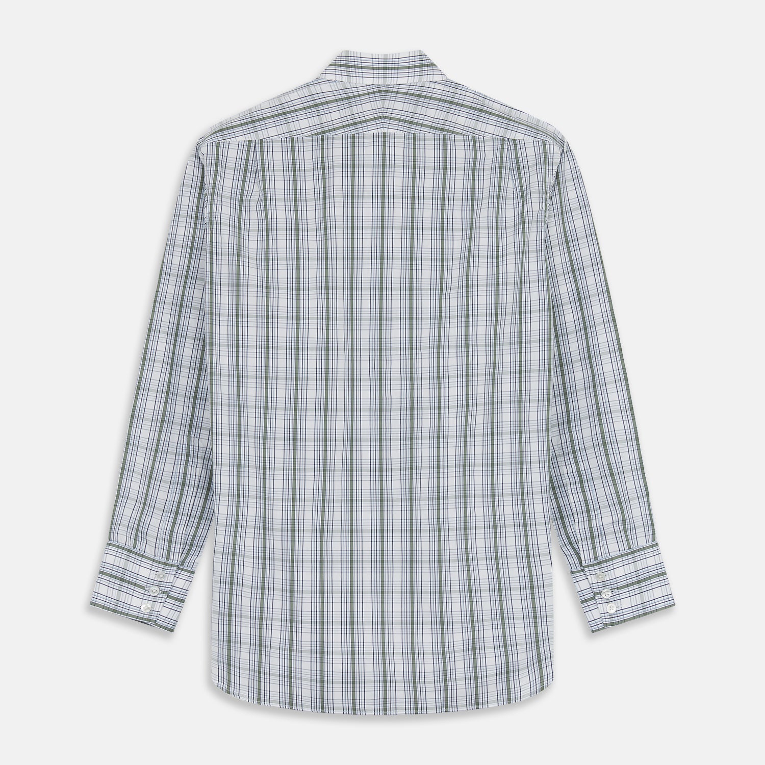 View 5 of product The Tonal Green Check Regular Fit Shirt by Turnbull & Asser features a T&A collar, 3-button cuffs, and a blue and white plaid pattern, crafted from Italian cotton poplin. Displayed on a white background.