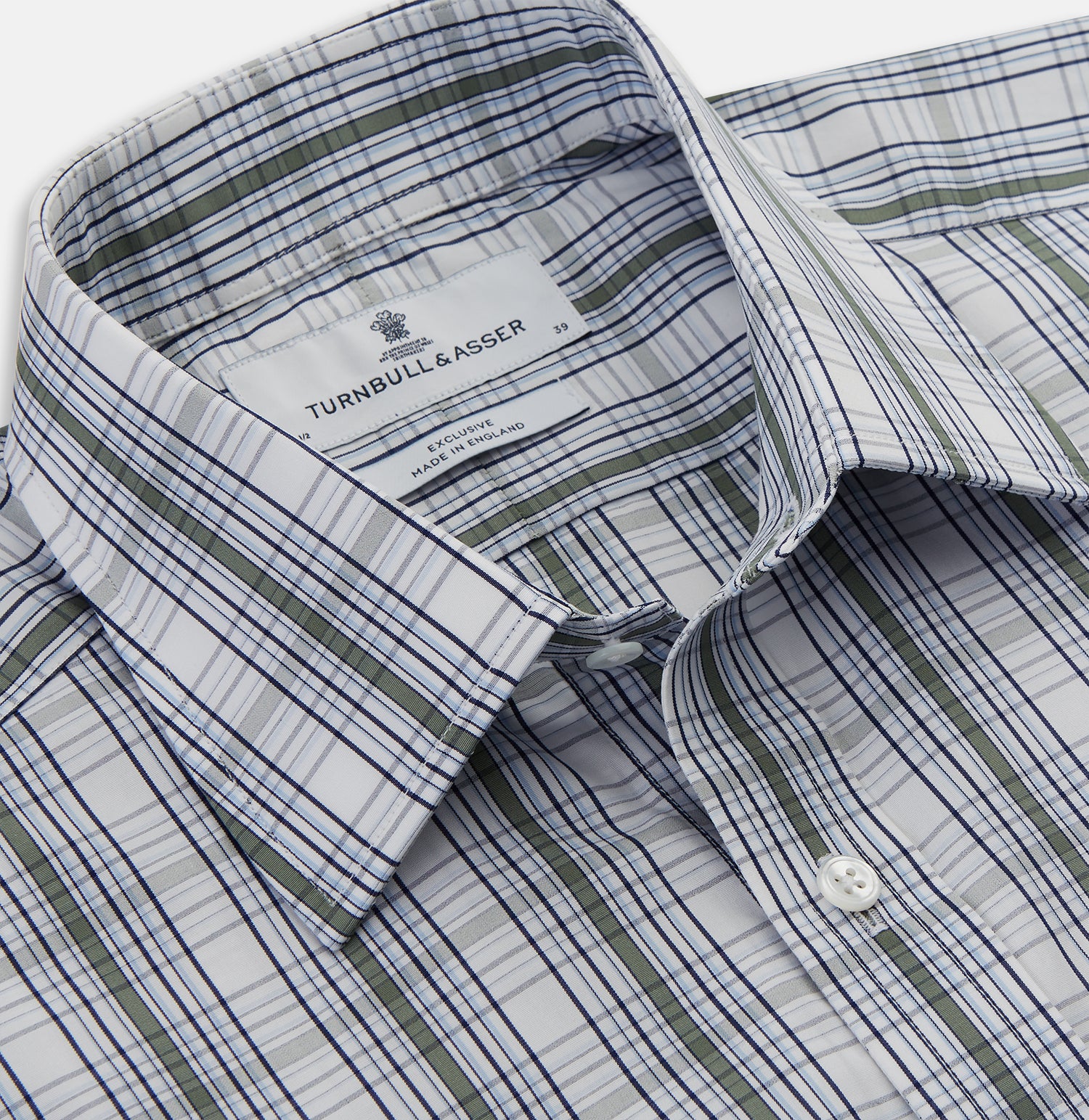 View 2 of product The Tonal Green Check Regular Fit Shirt by Turnbull & Asser features a T&A collar, 3-button cuffs, and a blue and white plaid pattern, crafted from Italian cotton poplin. Displayed on a white background.
