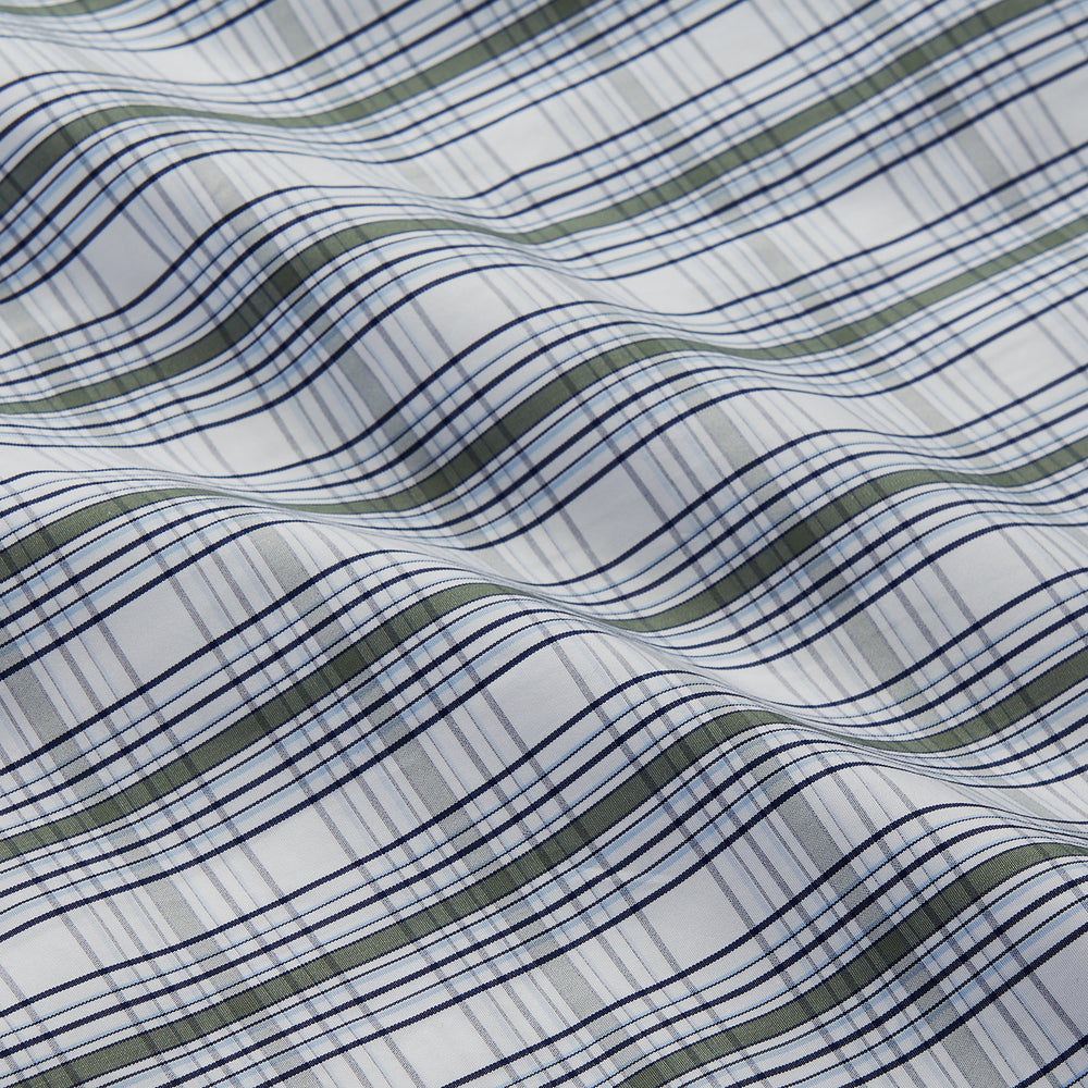 The Tonal Green Check Regular Fit Shirt by Turnbull & Asser features a T&A collar, 3-button cuffs, and a blue and white plaid pattern, crafted from Italian cotton poplin. Displayed on a white background.