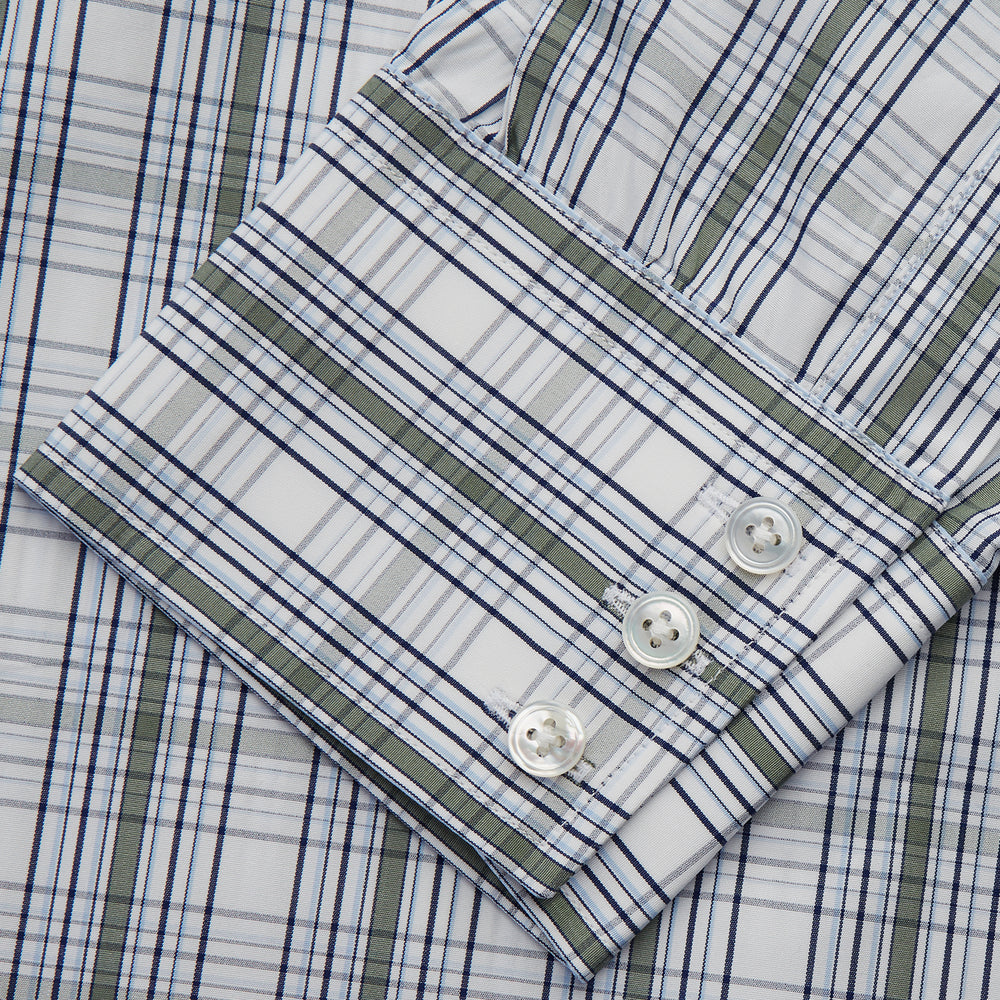 The Tonal Green Check Regular Fit Shirt by Turnbull & Asser features a T&A collar, 3-button cuffs, and a blue and white plaid pattern, crafted from Italian cotton poplin. Displayed on a white background.