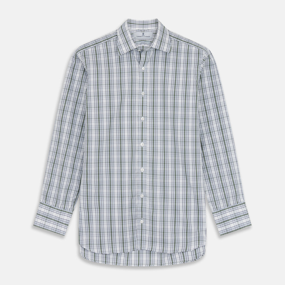 The Tonal Green Check Regular Fit Shirt by Turnbull & Asser features a T&A collar, 3-button cuffs, and a blue and white plaid pattern, crafted from Italian cotton poplin. Displayed on a white background.