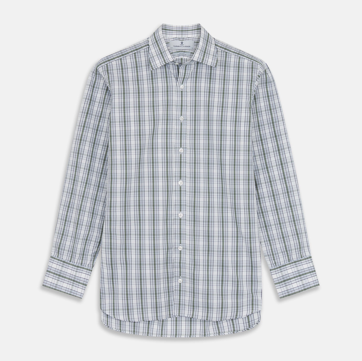View 1 of product The Tonal Green Check Regular Fit Shirt by Turnbull & Asser features a T&A collar, 3-button cuffs, and a blue and white plaid pattern, crafted from Italian cotton poplin. Displayed on a white background.