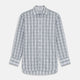 The Tonal Green Check Regular Fit Shirt by Turnbull & Asser features a T&A collar, 3-button cuffs, and a blue and white plaid pattern, crafted from Italian cotton poplin. Displayed on a white background.