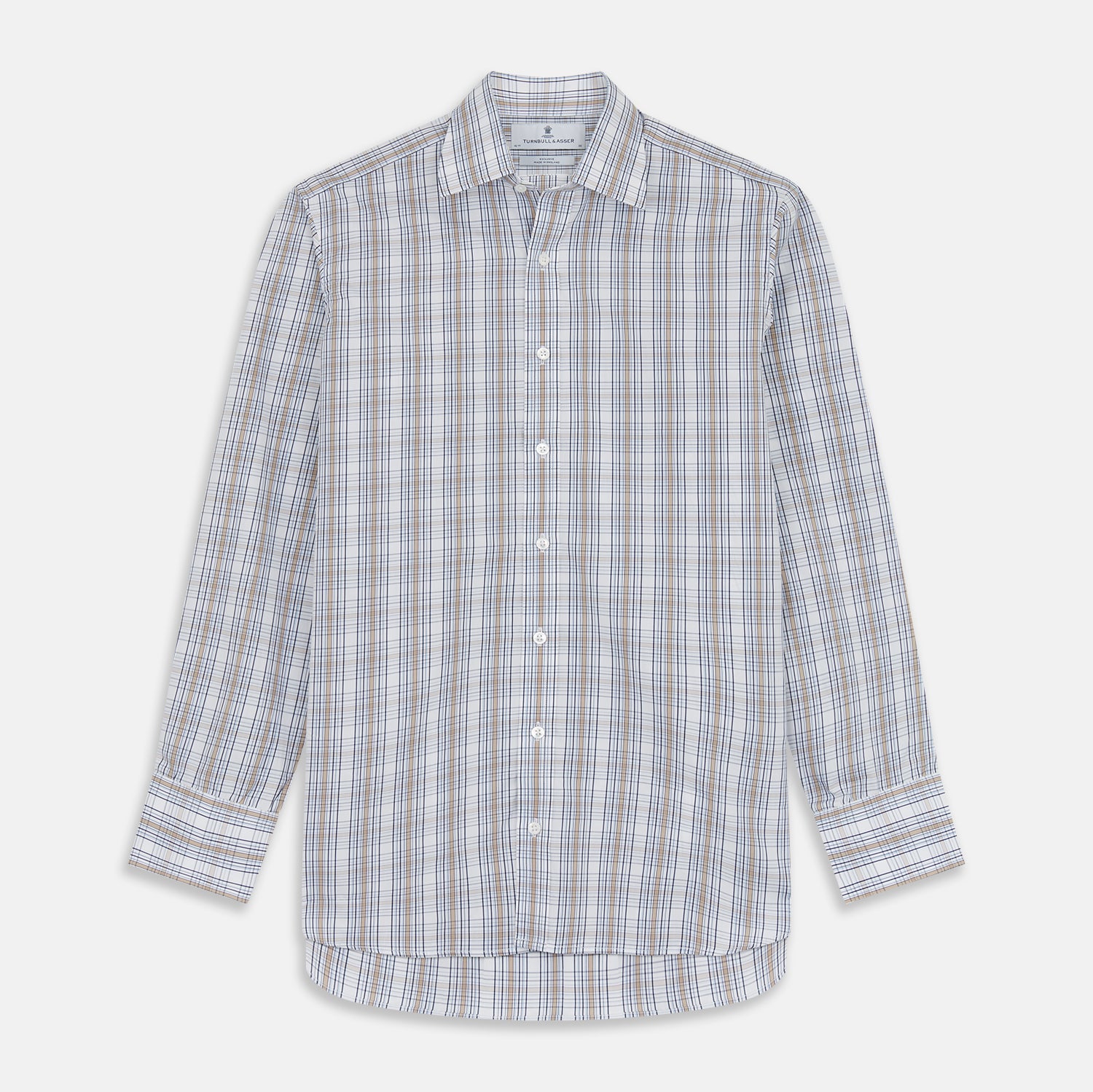 View 1 of product Turnbull & Asser’s Tonal Beige Regular Fit Shirt features a T&A collar, 3-button cuffs, and a slightly curved hem.