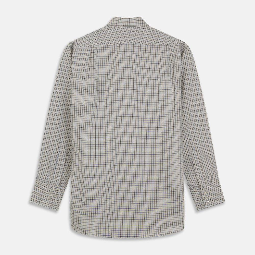 The Turnbull & Asser Blue Multi Check Cotton-Cashmere Shirt features a T&A collar, 3-button cuffs, and white buttons. Its smart-casual design showcases light blue, green, and beige checks on a white background.