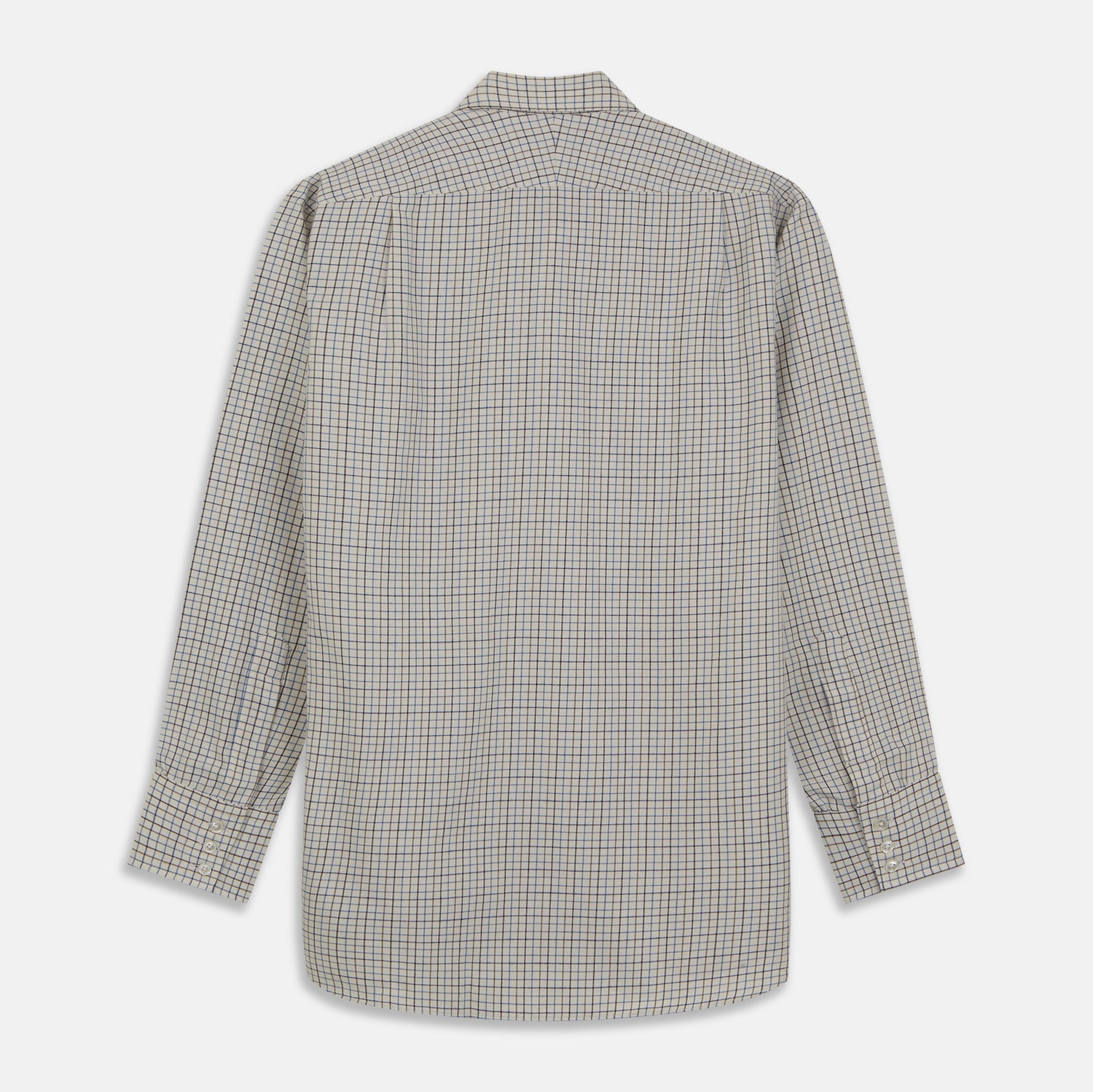 View 4 of product The Turnbull & Asser Blue Multi Check Cotton-Cashmere Shirt features a T&A collar, 3-button cuffs, and white buttons. Its smart-casual design showcases light blue, green, and beige checks on a white background.