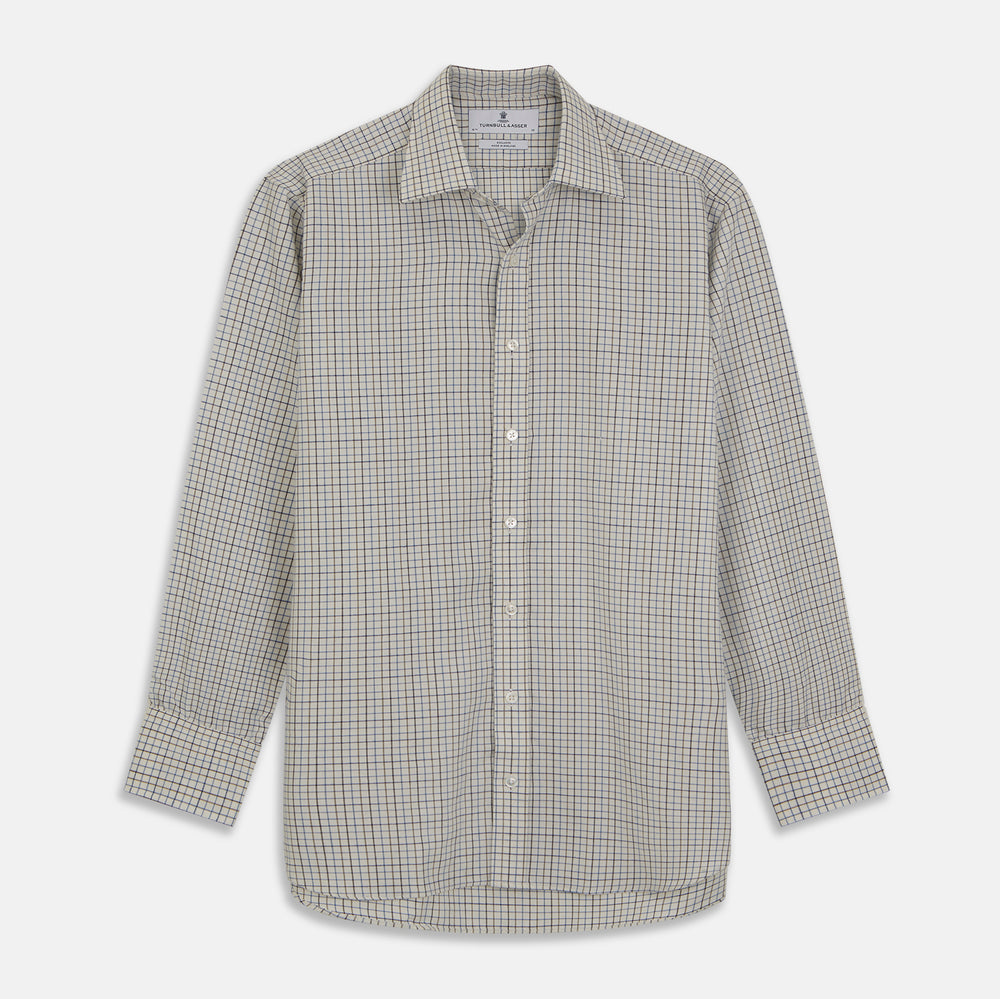 The Turnbull & Asser Blue Multi Check Cotton-Cashmere Shirt features a T&A collar, 3-button cuffs, and white buttons. Its smart-casual design showcases light blue, green, and beige checks on a white background.
