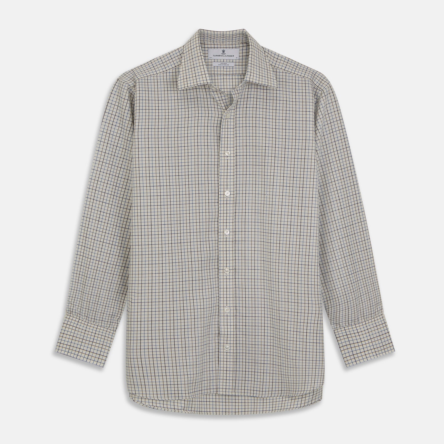 View 1 of product The Turnbull & Asser Blue Multi Check Cotton-Cashmere Shirt features a T&A collar, 3-button cuffs, and white buttons. Its smart-casual design showcases light blue, green, and beige checks on a white background.
