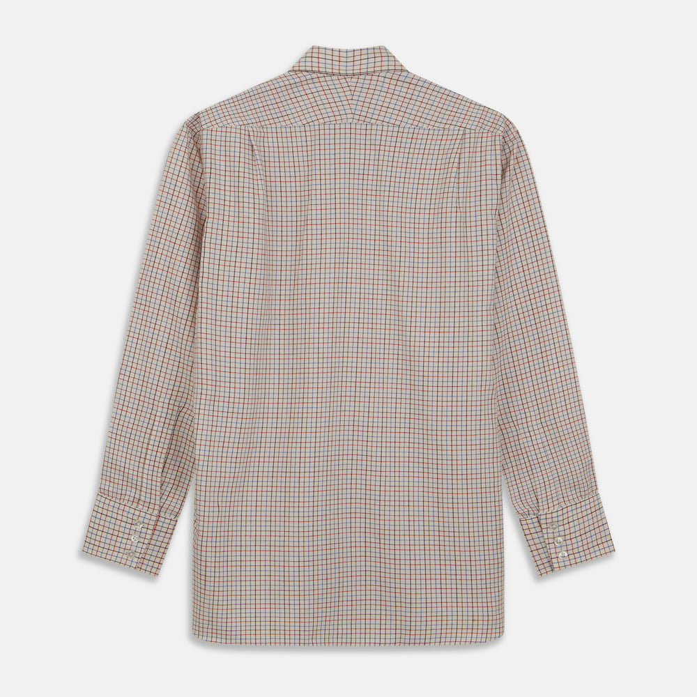 The Pink Multi Check Cotton-Cashmere Shirt by Turnbull & Asser features a T&A collar, 3-button cuffs, and a soft blend fabric in brown, beige, blue, and subtle pink checks—ideal for smart-casual style.