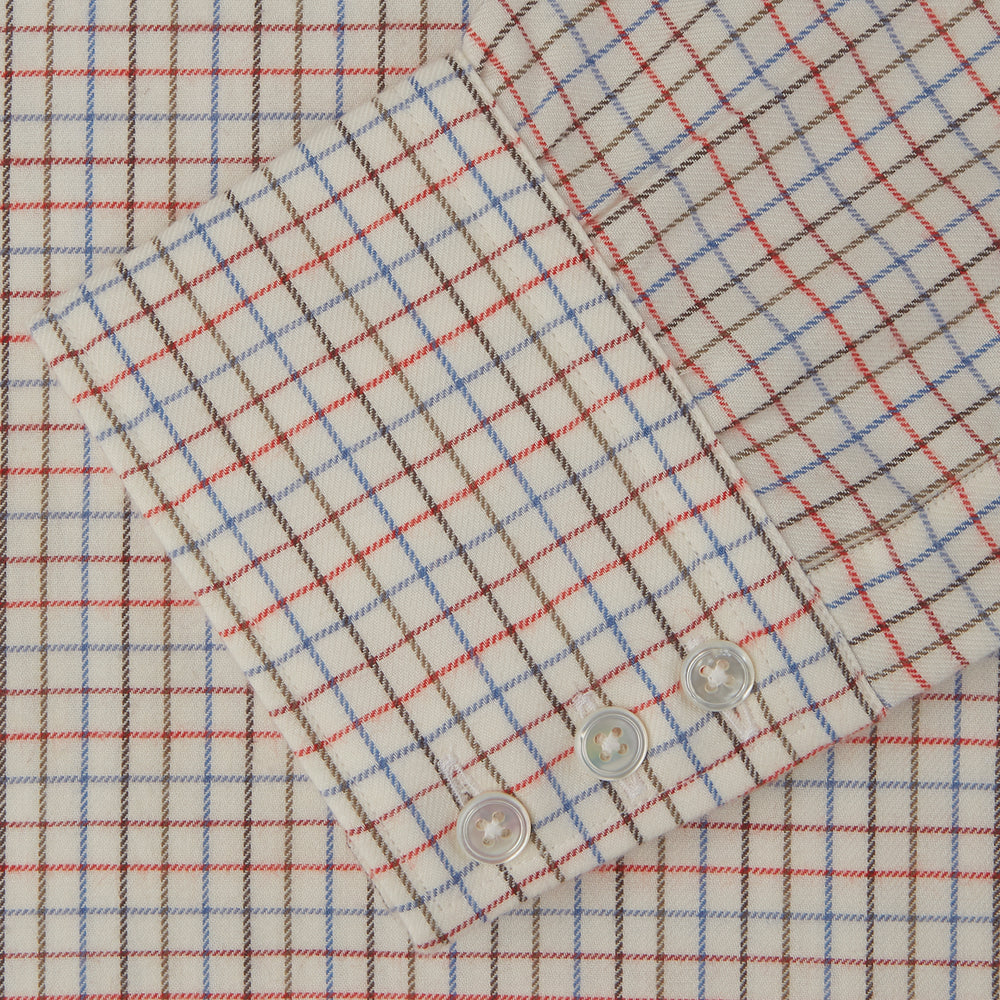 The Pink Multi Check Cotton-Cashmere Shirt by Turnbull & Asser features a T&A collar, 3-button cuffs, and a soft blend fabric in brown, beige, blue, and subtle pink checks—ideal for smart-casual style.