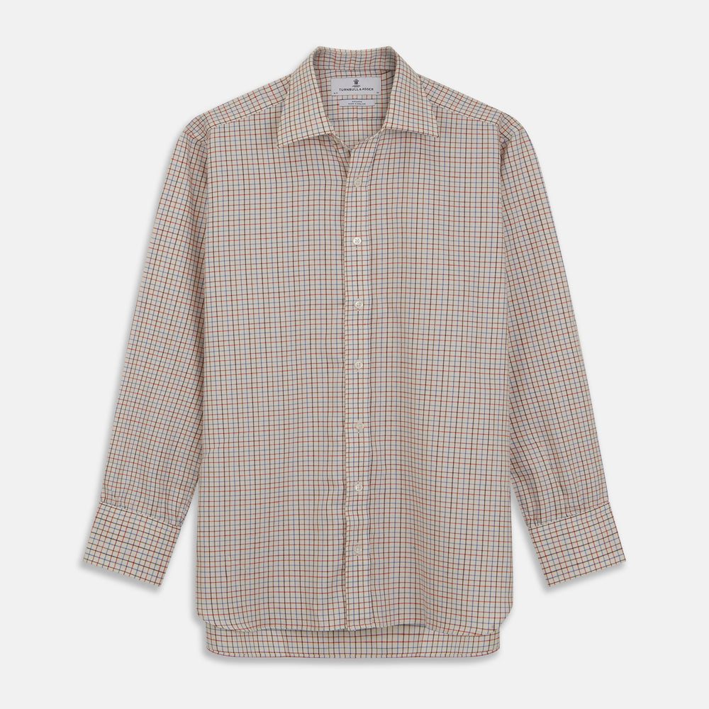 The Pink Multi Check Cotton-Cashmere Shirt by Turnbull & Asser features a T&A collar, 3-button cuffs, and a soft blend fabric in brown, beige, blue, and subtle pink checks—ideal for smart-casual style.