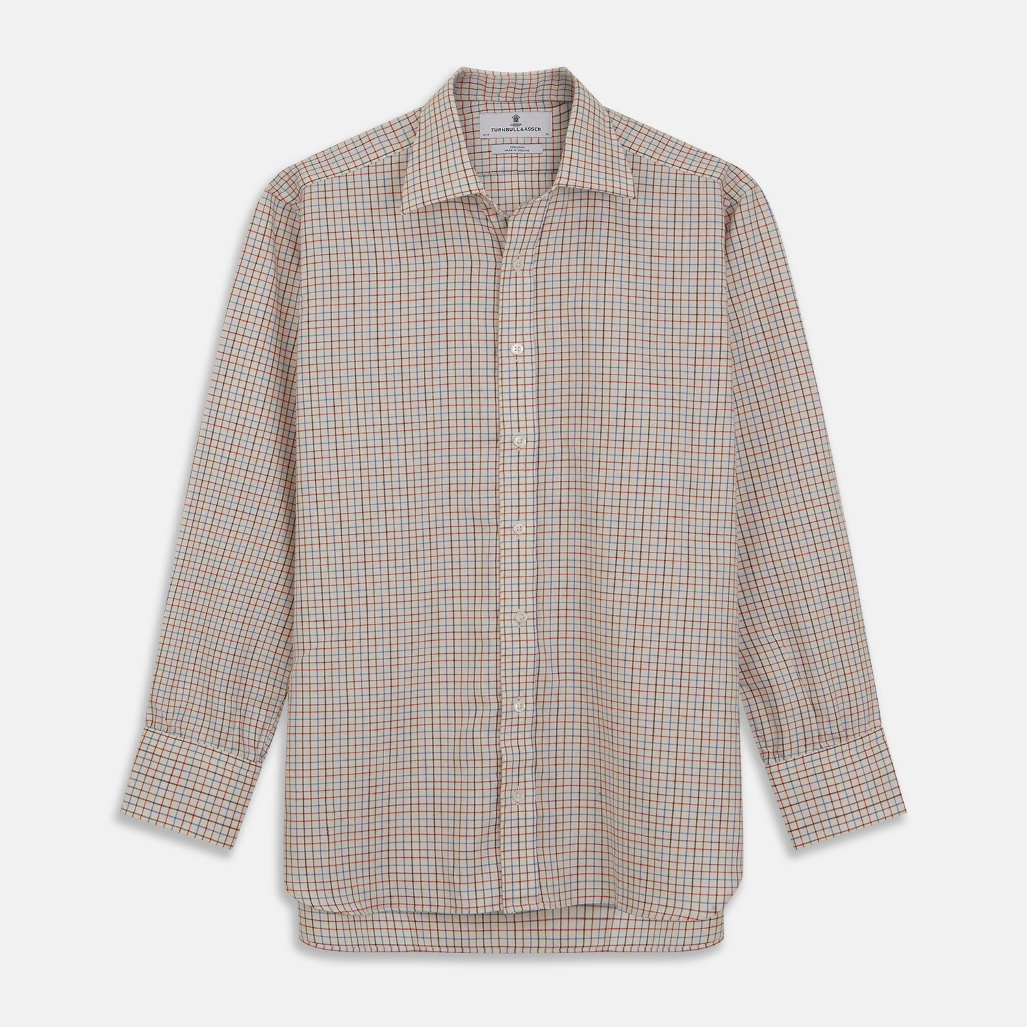 View 1 of product The Pink Multi Check Cotton-Cashmere Shirt by Turnbull & Asser features a T&A collar, 3-button cuffs, and a soft blend fabric in brown, beige, blue, and subtle pink checks—ideal for smart-casual style.
