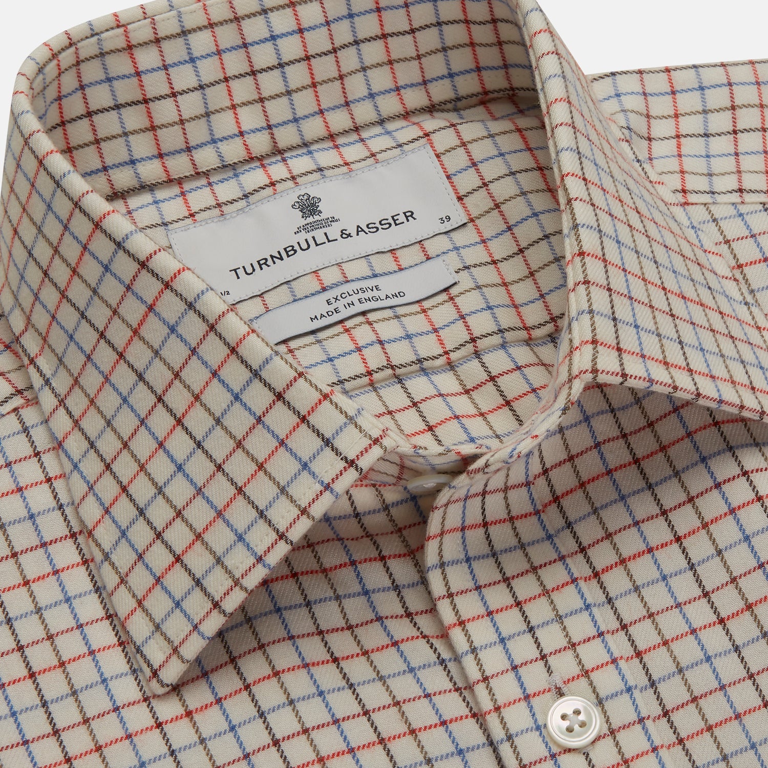 View 2 of product The Pink Multi Check Cotton-Cashmere Shirt by Turnbull & Asser features a T&A collar, 3-button cuffs, and a soft blend fabric in brown, beige, blue, and subtle pink checks—ideal for smart-casual style.