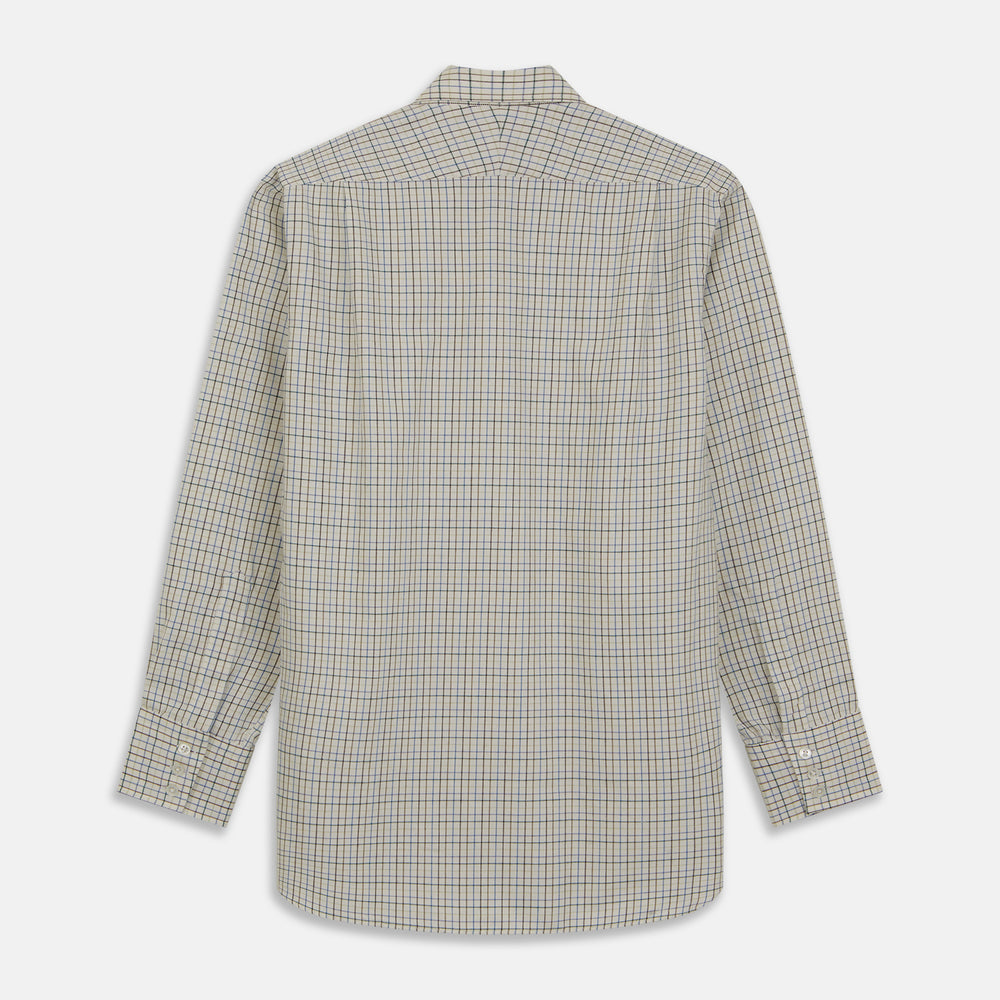 The Turnbull & Asser Green Multi Check Cotton-Cashmere Shirt features a T&A collar, 3-button cuffs, and a tonal green, beige, and blue check pattern. Shown flat against a white background.