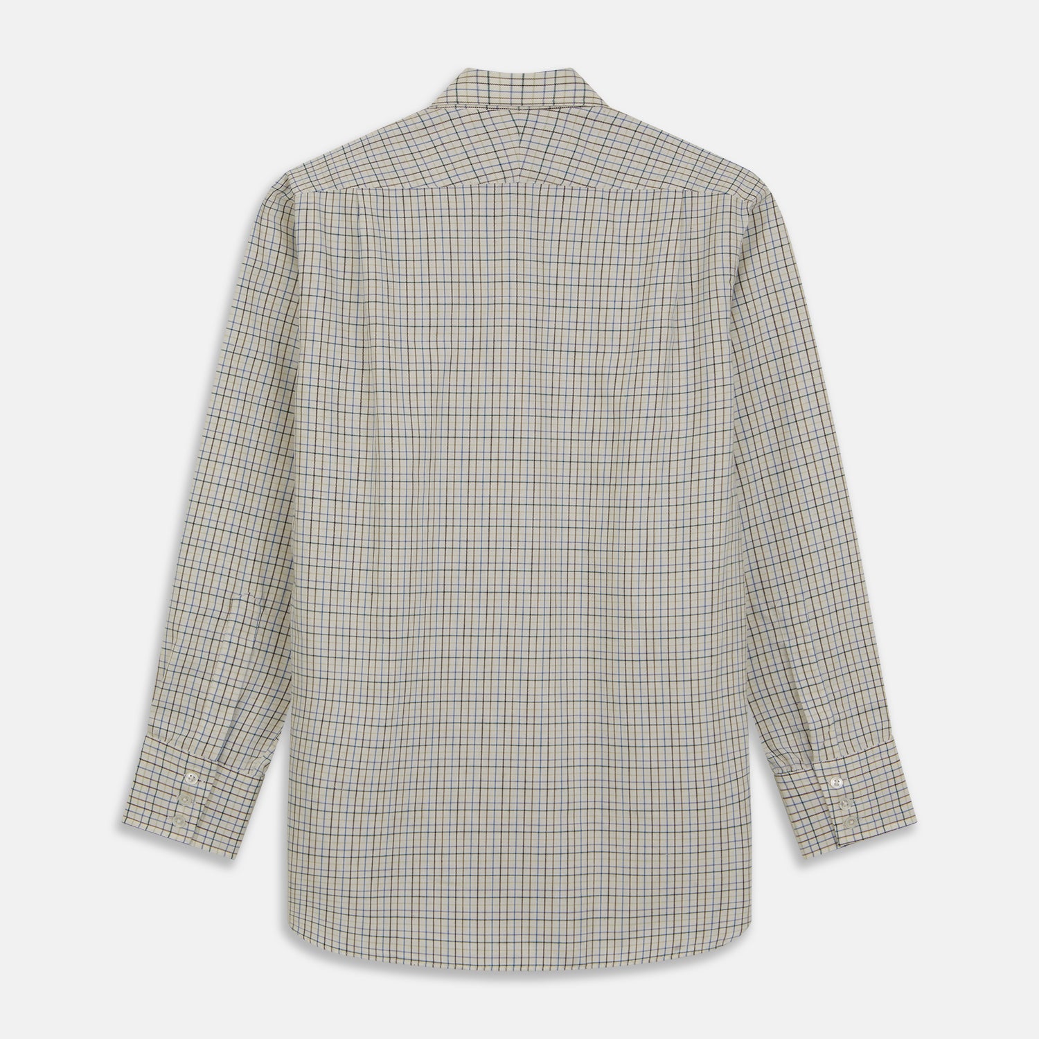 View 6 of product The Turnbull & Asser Green Multi Check Cotton-Cashmere Shirt features a T&A collar, 3-button cuffs, and a tonal green, beige, and blue check pattern. Shown flat against a white background.