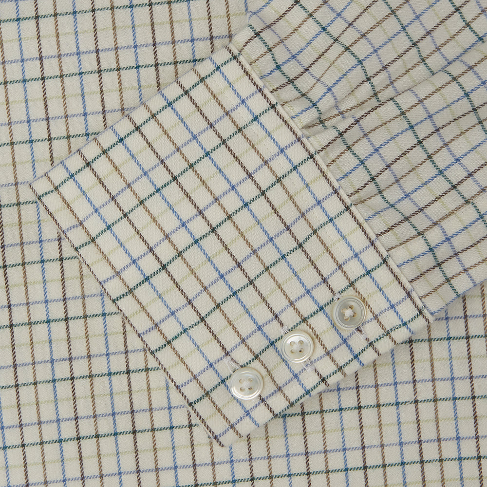 The Turnbull & Asser Green Multi Check Cotton-Cashmere Shirt features a T&A collar, 3-button cuffs, and a tonal green, beige, and blue check pattern. Shown flat against a white background.