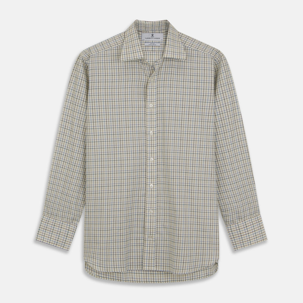 The Turnbull & Asser Green Multi Check Cotton-Cashmere Shirt features a T&A collar, 3-button cuffs, and a tonal green, beige, and blue check pattern. Shown flat against a white background.