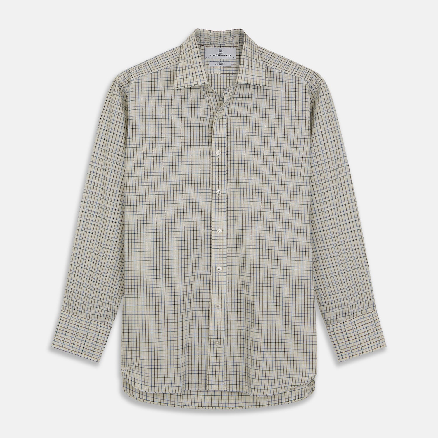 View 1 of product The Turnbull & Asser Green Multi Check Cotton-Cashmere Shirt features a T&A collar, 3-button cuffs, and a tonal green, beige, and blue check pattern. Shown flat against a white background.