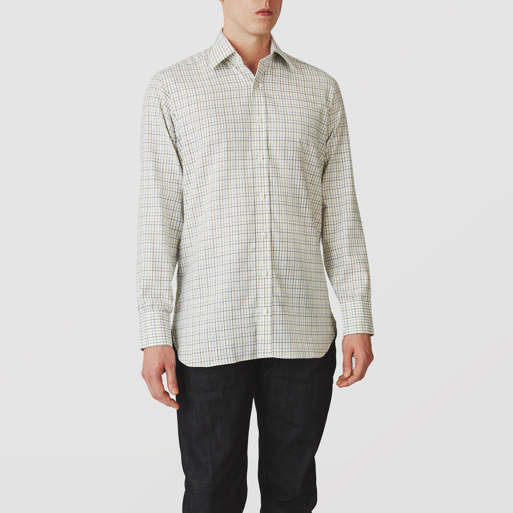 The Turnbull & Asser Green Multi Check Cotton-Cashmere Shirt features a T&A collar, 3-button cuffs, and a tonal green, beige, and blue check pattern. Shown flat against a white background.