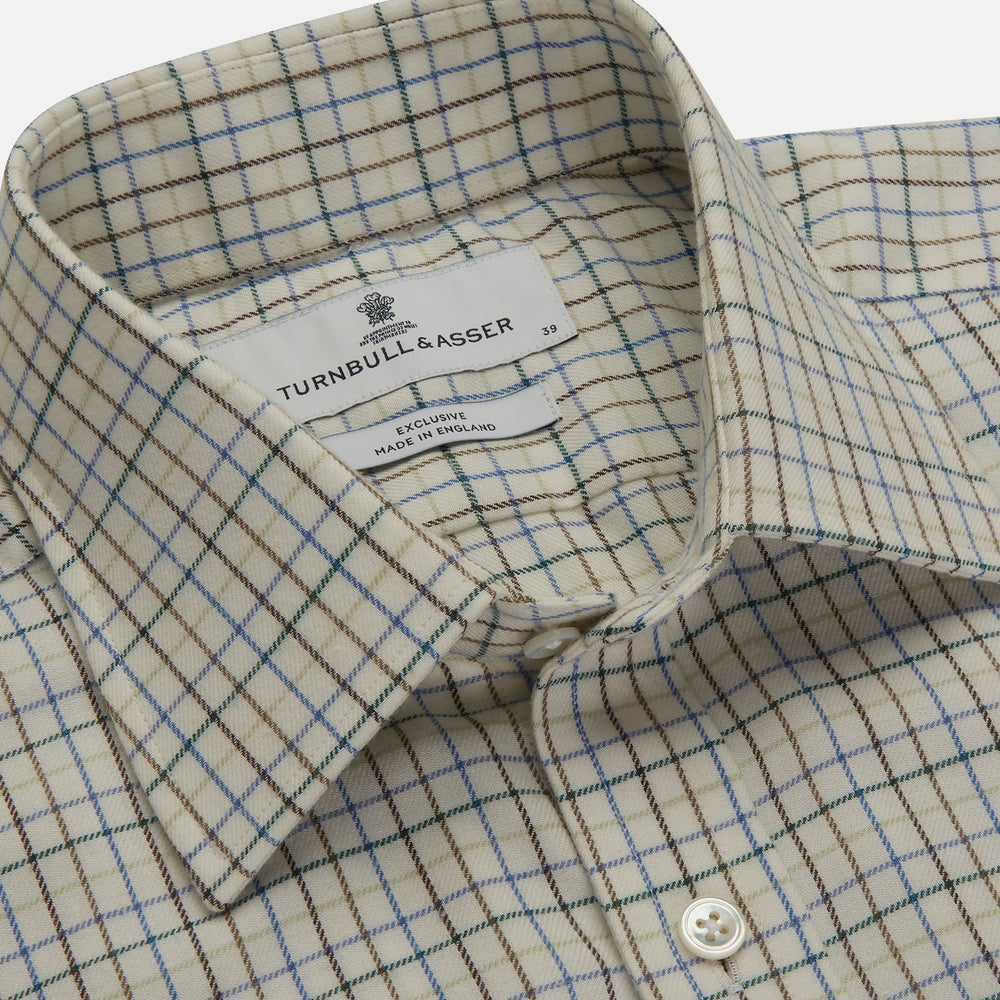 The Turnbull & Asser Green Multi Check Cotton-Cashmere Shirt features a T&A collar, 3-button cuffs, and a tonal green, beige, and blue check pattern. Shown flat against a white background.