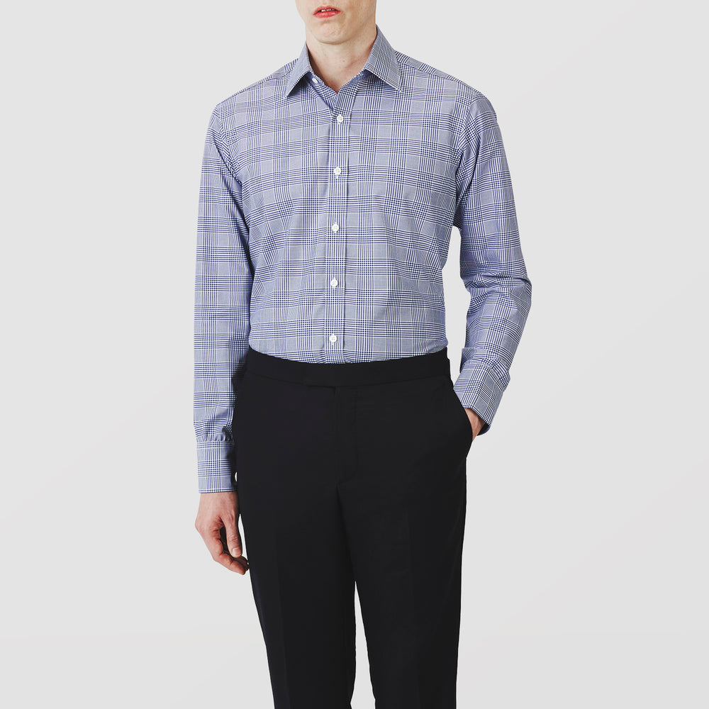 The Turnbull & Asser Navy Check Shirt, featuring a T&A collar and 3-button cuffs, is displayed on a white background.