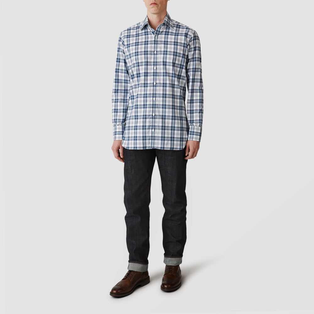 The Turnbull & Asser Blue Check Shirt features a T&A collar and 3-button cuffs, shown laid flat against a white background.