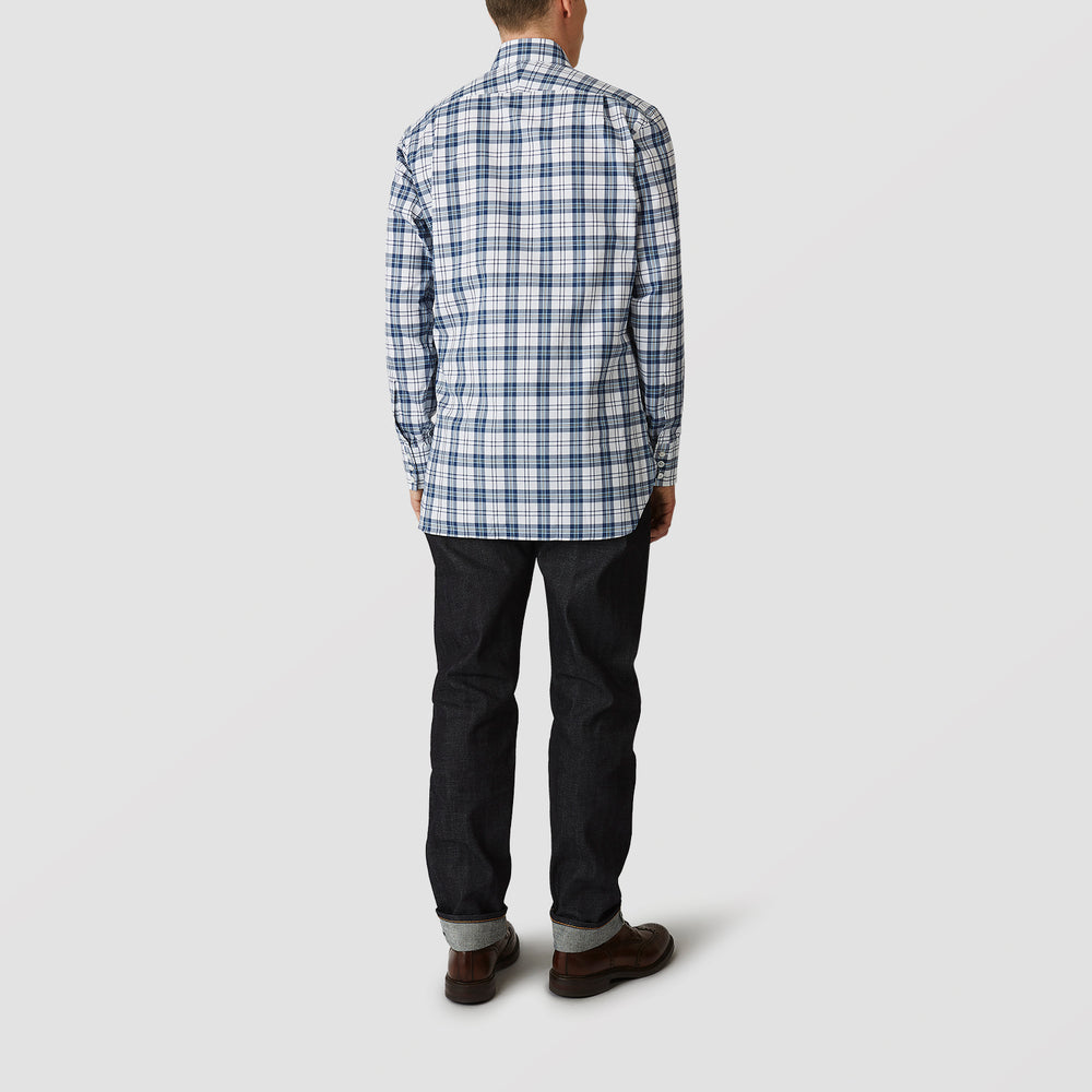 The Turnbull & Asser Blue Check Shirt features a T&A collar and 3-button cuffs, shown laid flat against a white background.