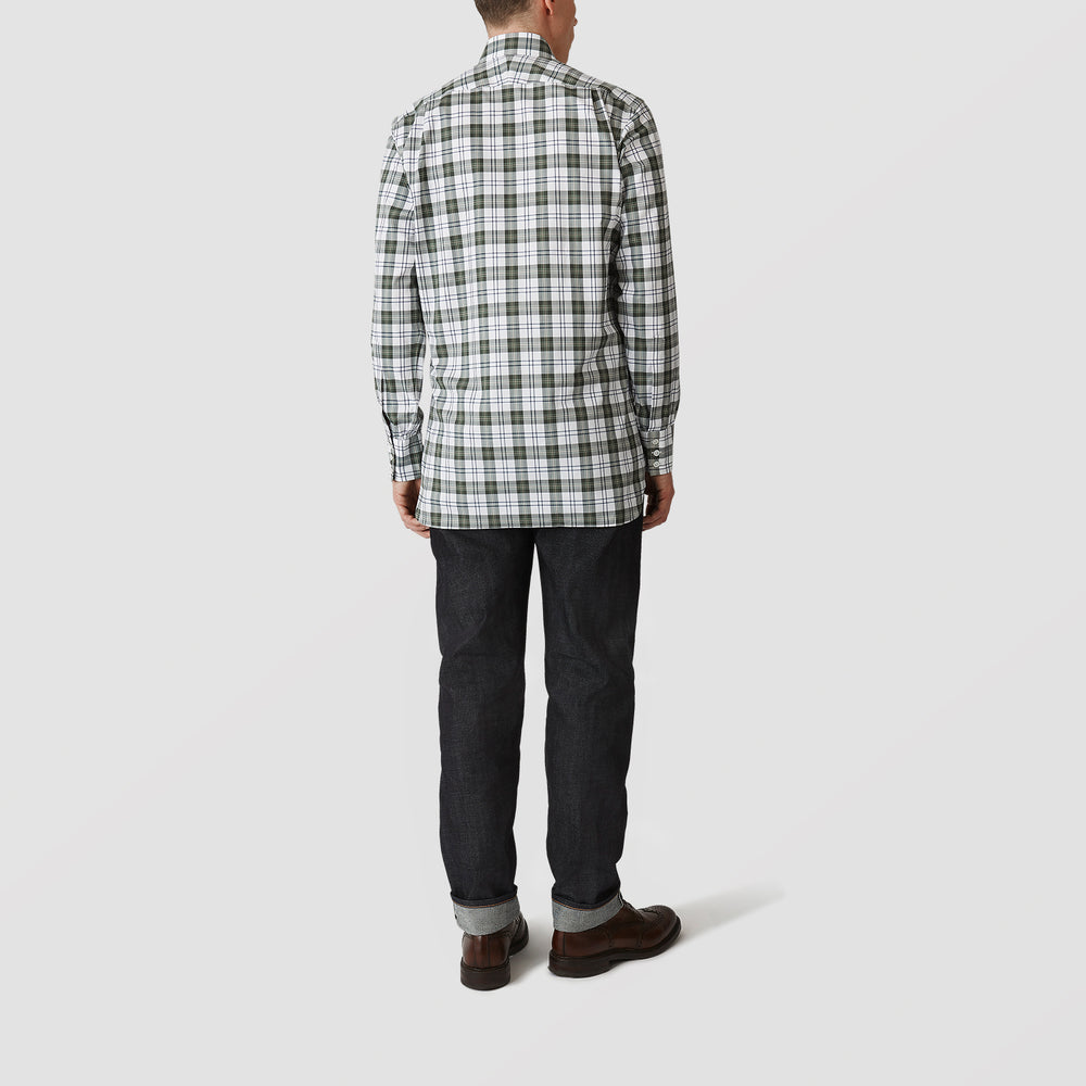 The Turnbull & Asser Green Check Shirt features a classic T&A collar, white buttons down the front and on 3-button cuffs, and a bold green, white, and black plaid pattern.