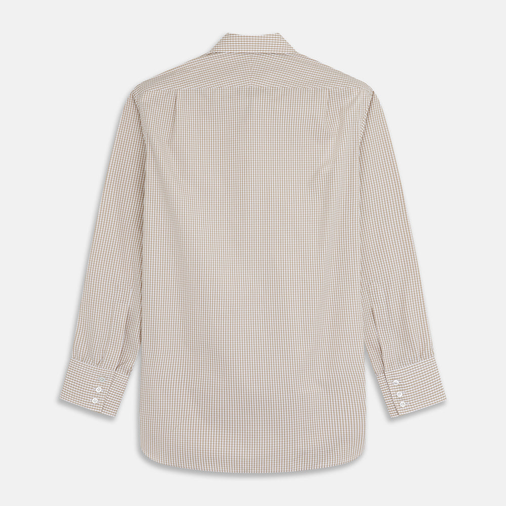 The Sand Gingham Check Regular Fit Shirt by Turnbull & Asser features a T&A collar, 3-button cuffs, and a sand gingham check pattern on white.