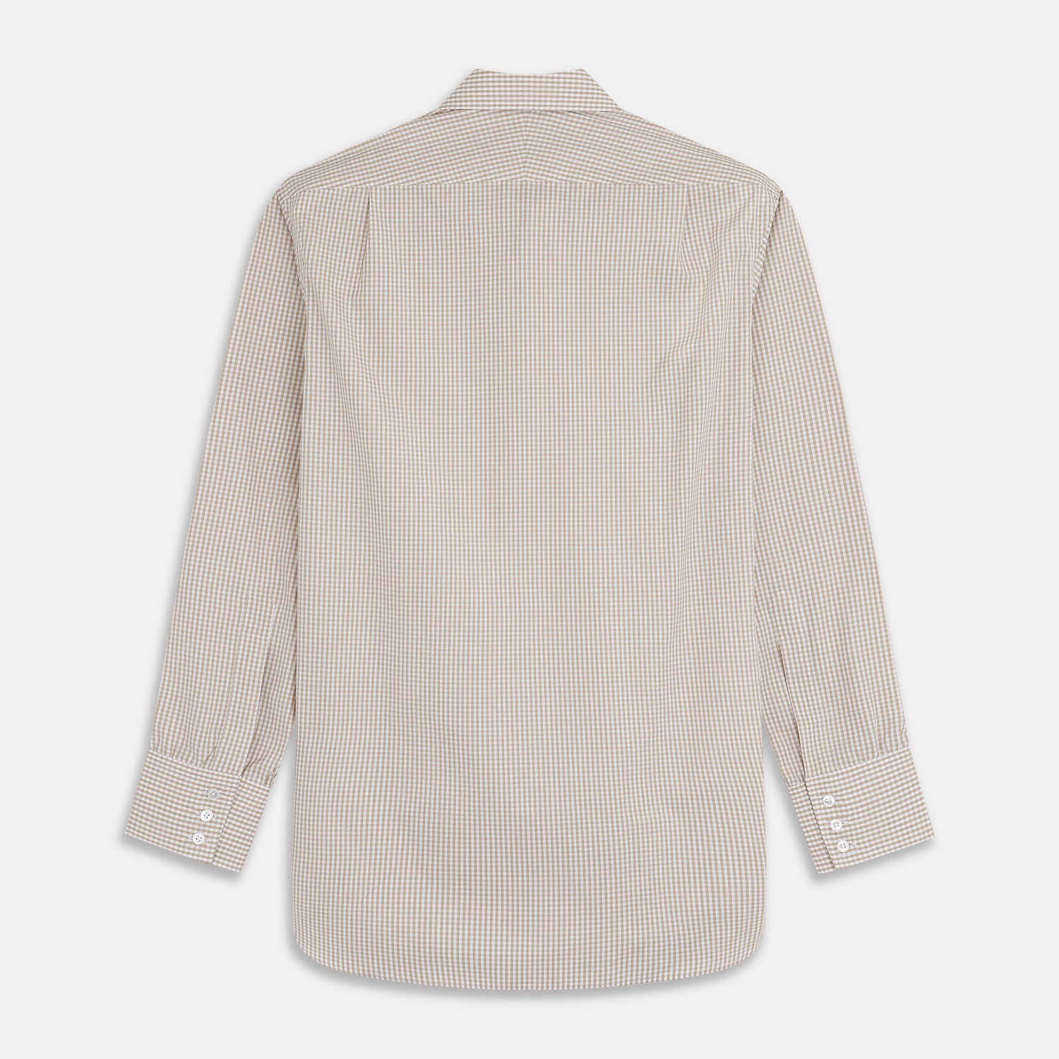View 5 of product The Sand Gingham Check Regular Fit Shirt by Turnbull & Asser features a T&A collar, 3-button cuffs, and a sand gingham check pattern on white.